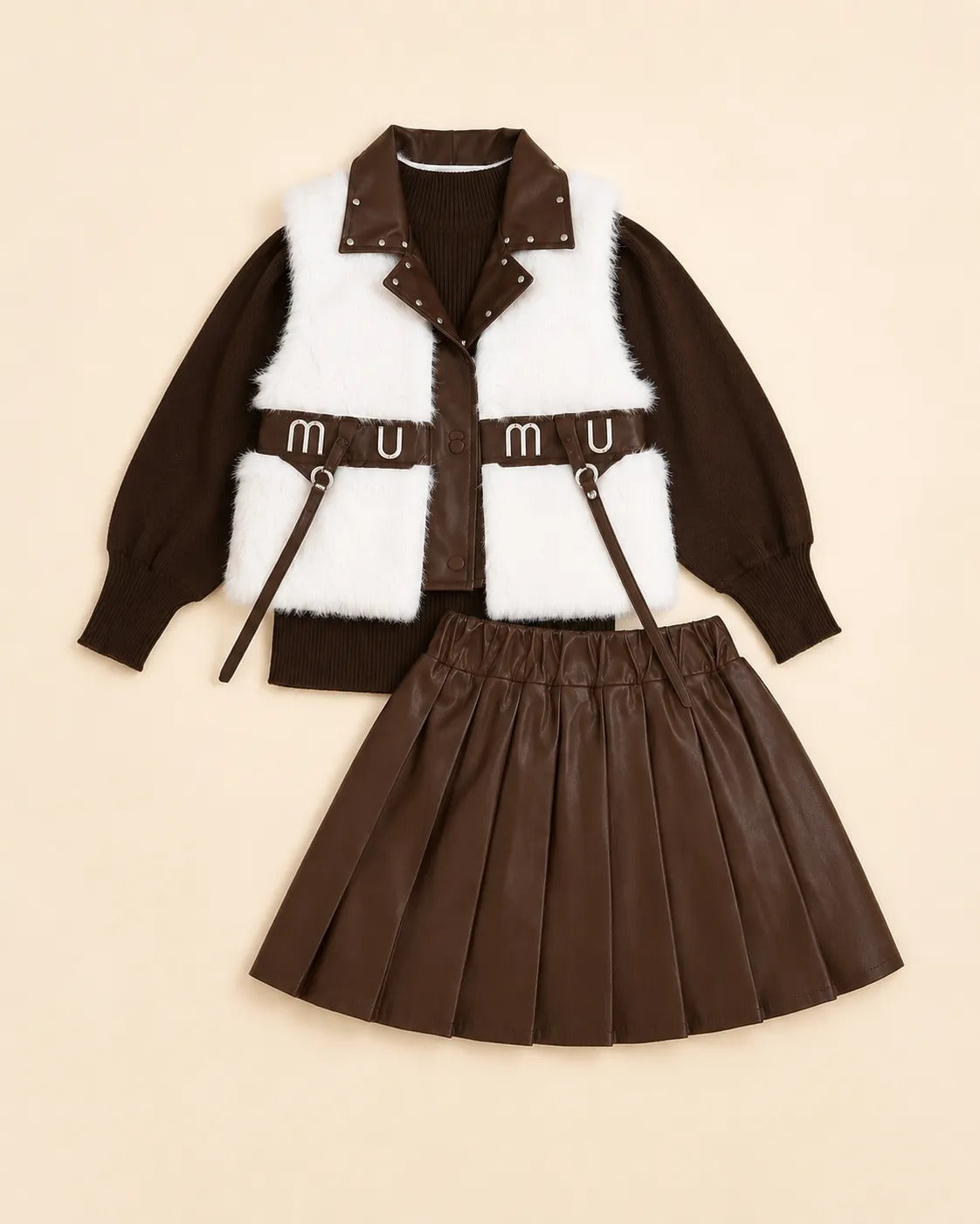 Conjunto Infantil de Invierno 3 Piezas – Chaleco de Peluche y Falda Plisada