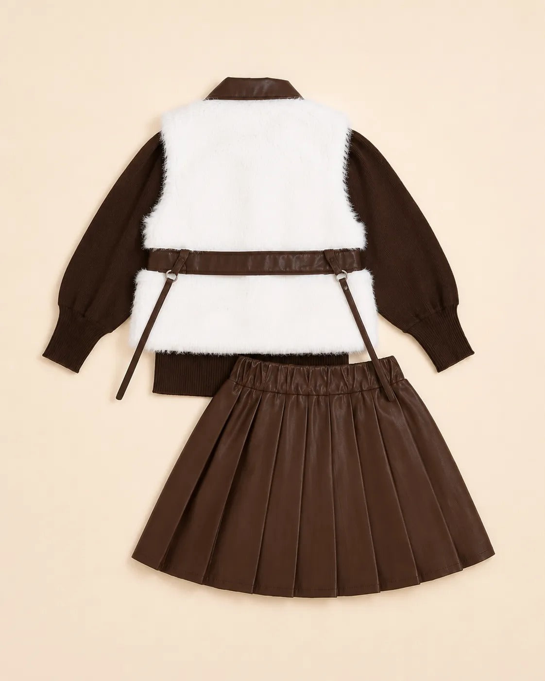 Conjunto Infantil de Invierno 3 Piezas – Chaleco de Peluche y Falda Plisada