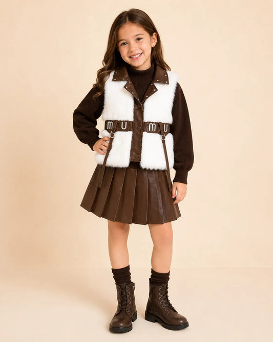 Conjunto Infantil de Invierno 3 Piezas – Chaleco de Peluche y Falda Plisada