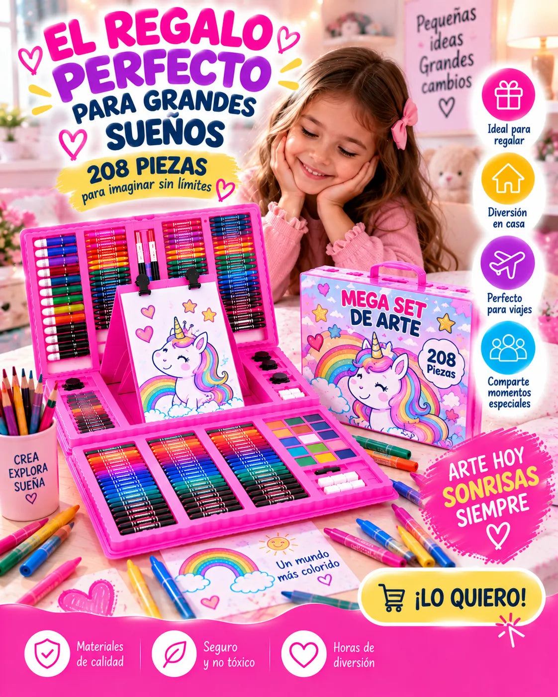 Super Set de Arte Kawaii 208 Piezas – Todo en un Solo Estuche