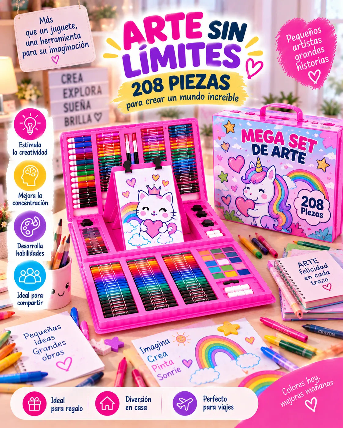 Super Set de Arte Kawaii 208 Piezas – Todo en un Solo Estuche